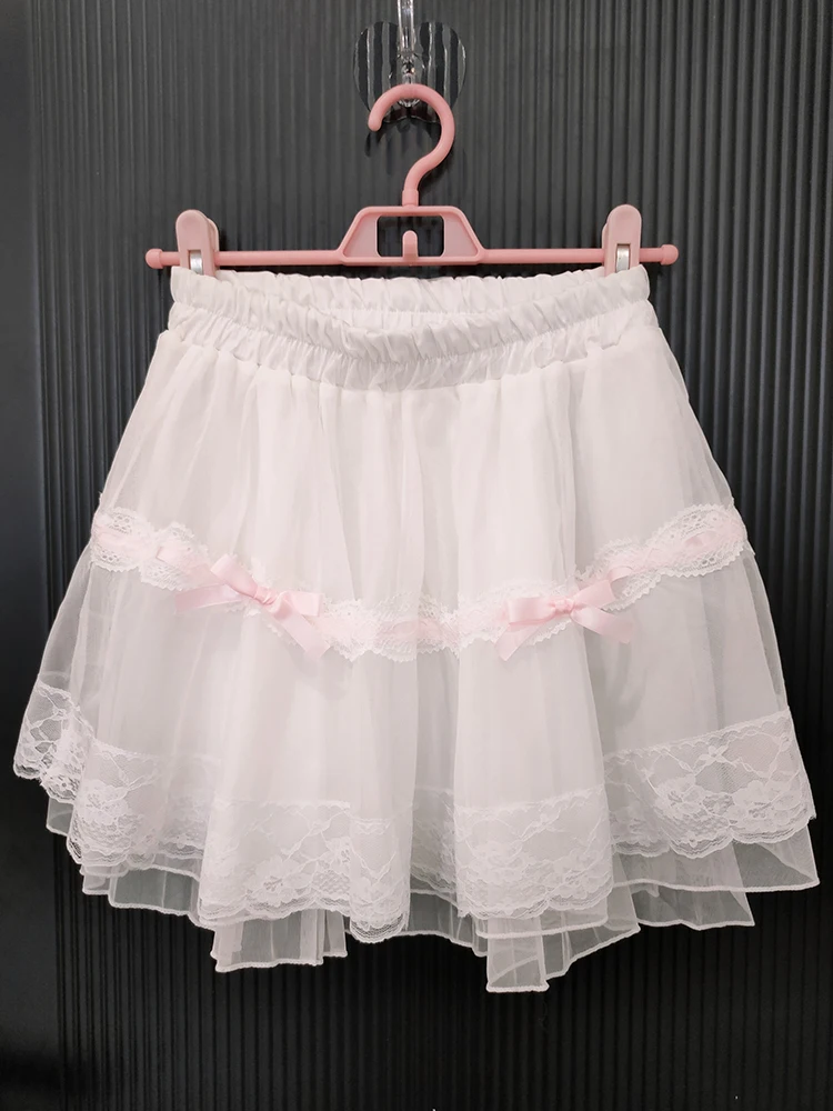 

White Kawaii Skirts Women Lace Trim Bows Elastic Waist Lolita Style Cute Mini Skirt for Sweet Girls