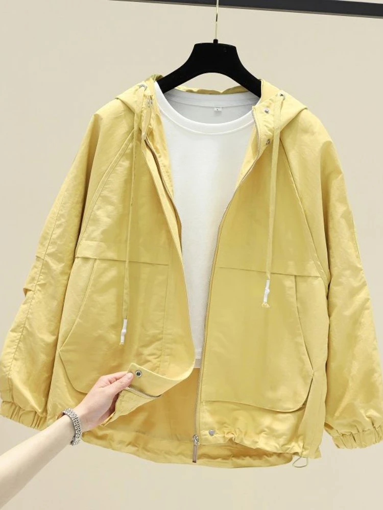 2024 Autumn Woman Short Trench Coat Fashion Korean Streetwear Loose Casual Hooded Elegant Green Women's Windbreaker Coat New