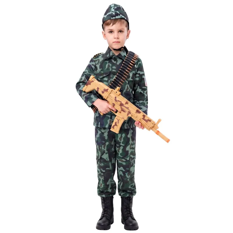Boys Girls Soldier Cosplay Costume Army Camouflage Uniform with Hat Suit for Halloween Party School Stage Performance Dress up