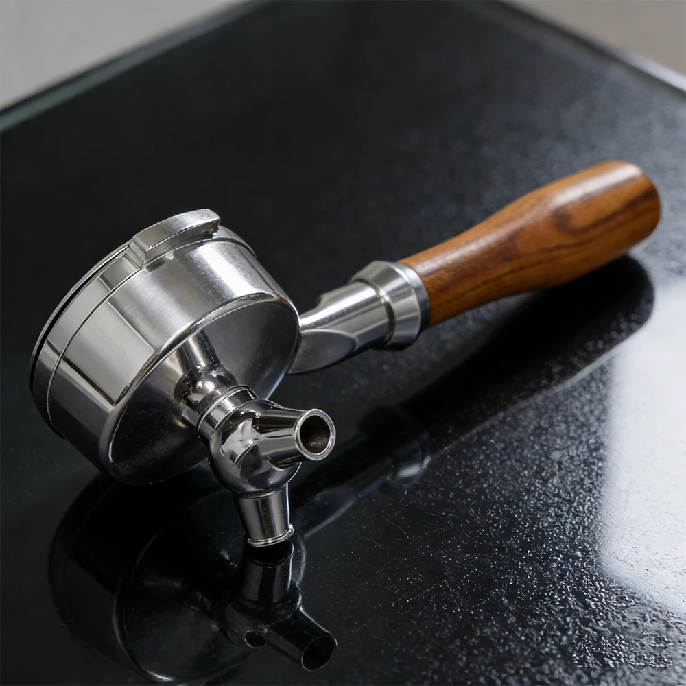 Custom Luxury Eco Friendly 58mm Stainless Steel Double Spout Espresso Portafilter Wood Handle Coffee Accessory Easy Clean
