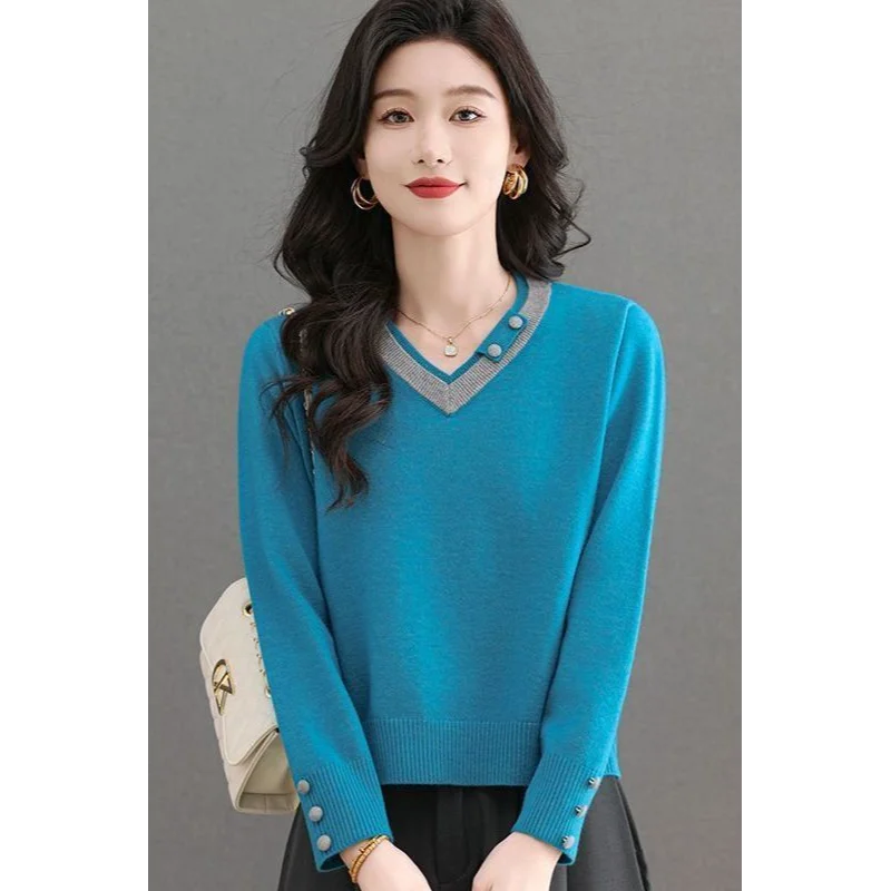 

Sweater Women's Color-blocking Short Fashionable V-neck Base Shirt Top
