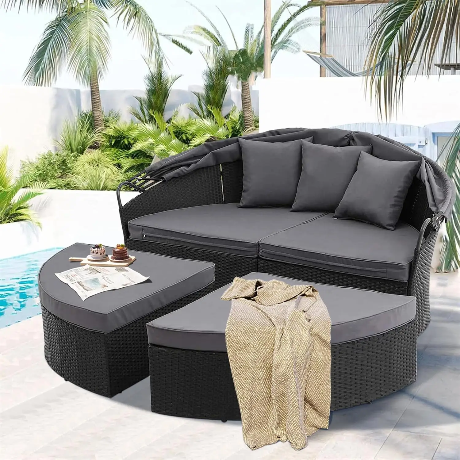 Patio Round Daybed with Retractable Canopy, Clamshell Sectional Seating, Outdoor Wicker Furniture with Washable Cushions