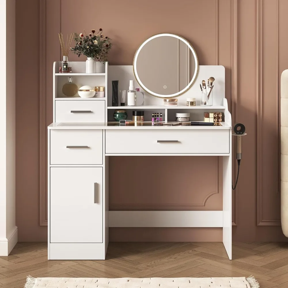 

Vanity desk with mirror and lights, white makeup vanity with power outlet, tawny glass top,shelves, drawers, 3 lighting modes