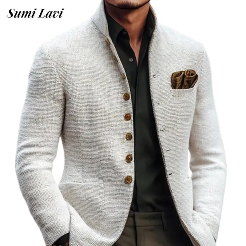 

Мужские приталенные однотонные куртки: стильные кардиганы на пуговицах с воротником-стойкой, винтажные текстурированные весенние пальто с длинными рукавами