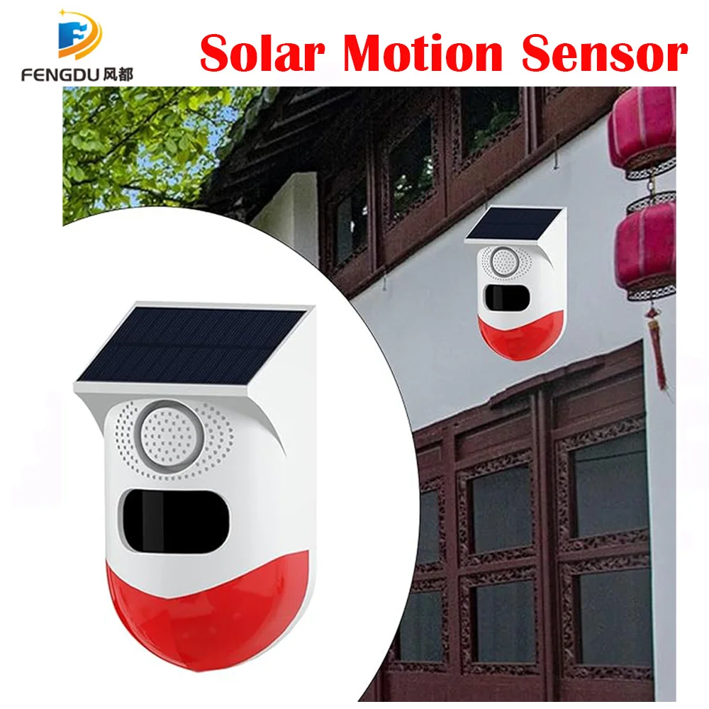 

Solar Motion Senor Alarm Outdoor Motion Detector Alarm Adjustable Sensitivity 120db Sound Security Siren Light IP67 Waterproof