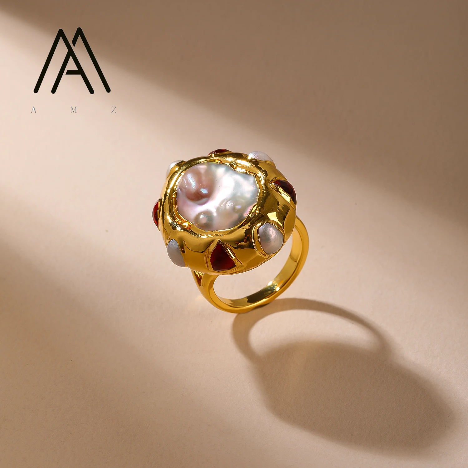 

Elegant Classic Natural Pearl Ring Open-Band Ring 18K Gold-Plated Gemstone Jewelry Women's Wedding Party Wear Fashion Accessory