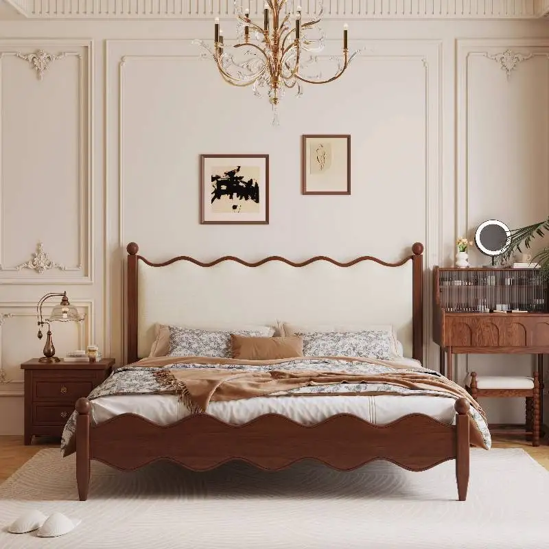 Camas Dobles Retro de Diseño Único en Color Marrón, Cabeceras Modernas Nórdicas, Cama Doble King Size, Muebles de Dormitorio para el Hogar