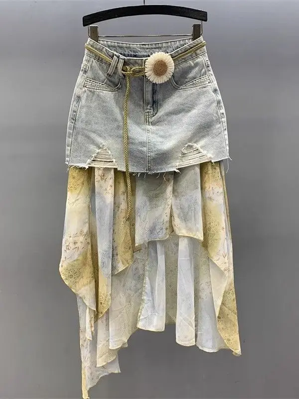 Irregular Heavy Industry Worn Washed Temperament High Waist Denim Skirt