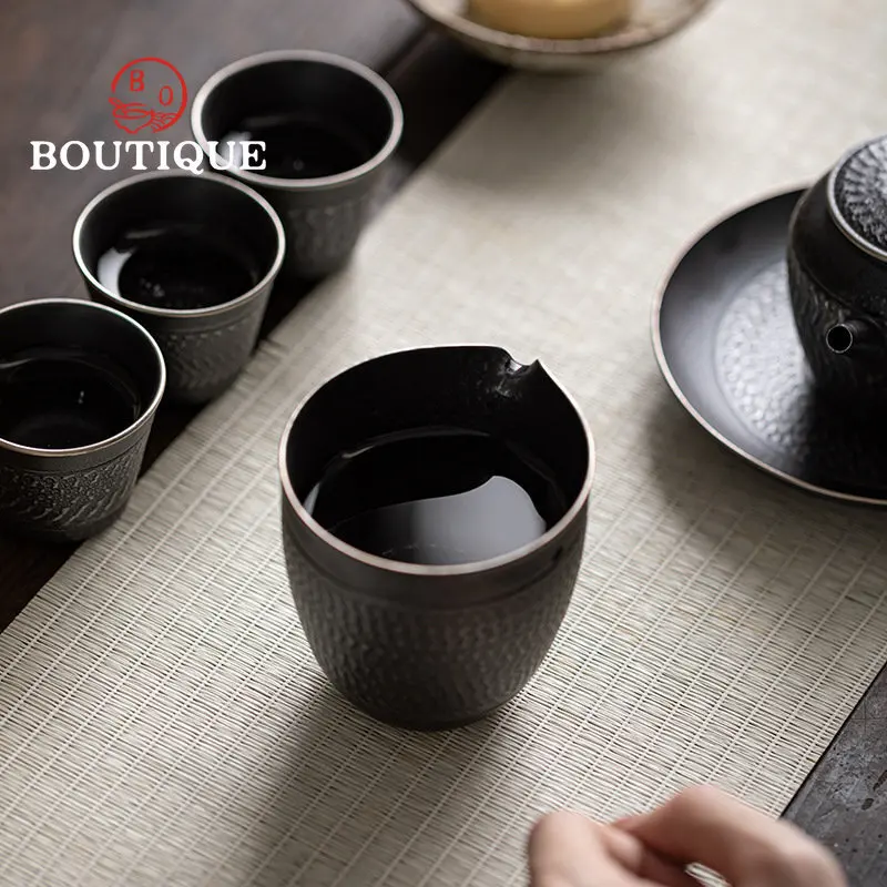 220ML Retro Silver and Black Ceramics Tea Pitcher Handmade Jumping Knife Craft Tea Coffee Divider Kung Fu Tea Set Justice Cup