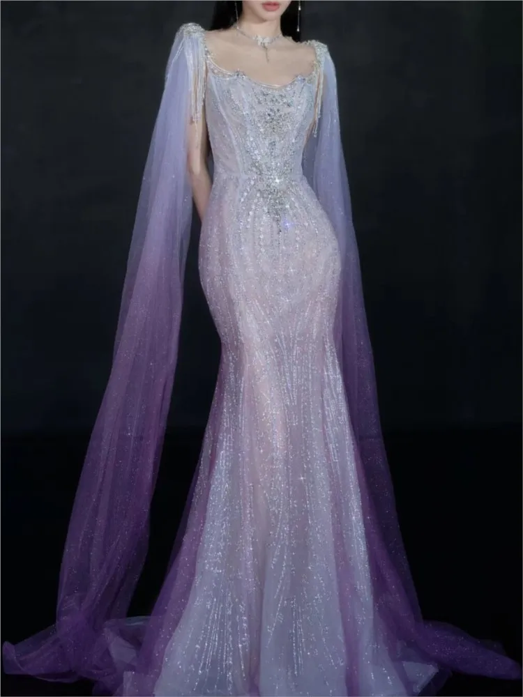 The gradient purple host one-shoulder model dress for catwalk and toasting party