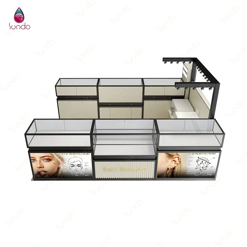 custom.Sundo Custom Mall Jewelry Kiosk Ear Piercing Studio Display Showcase Counter Glass Cabinet LED Lightbox Retail Booth Desi