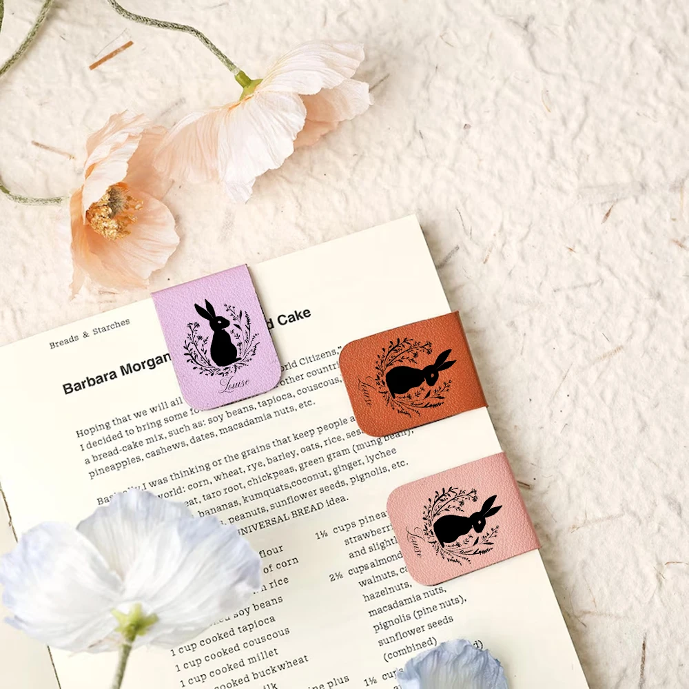 1pc Name Bookmark with rabbit Flower,Custom Leather Rabbit Flower Bookmark,Personalized Magnetic Bookmark