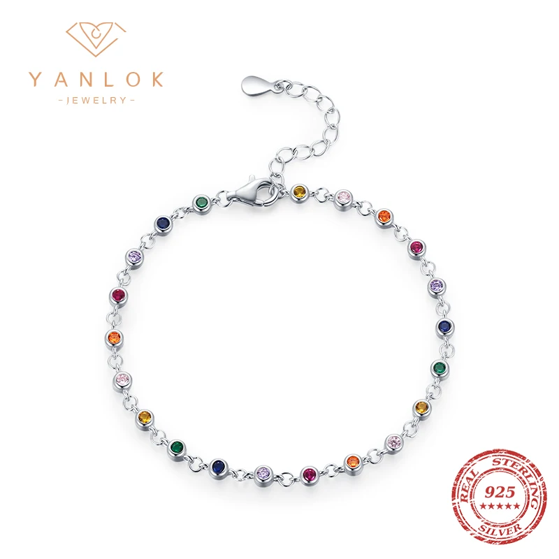 

YANLOK 925 Sterling Silver Rainbow Color Chain Charm Bracelet For Women Romantic Fashion FIne Jewelry Female Gift