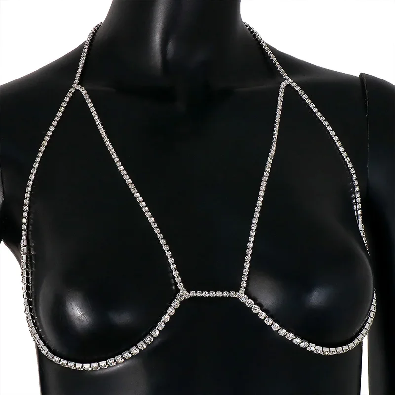 Rave Top Rhinestone Bra Body Chain Harness Jewelry for Women Sexy Strass Bikinis Crystal Bra Necklace Chain Body Accessories
