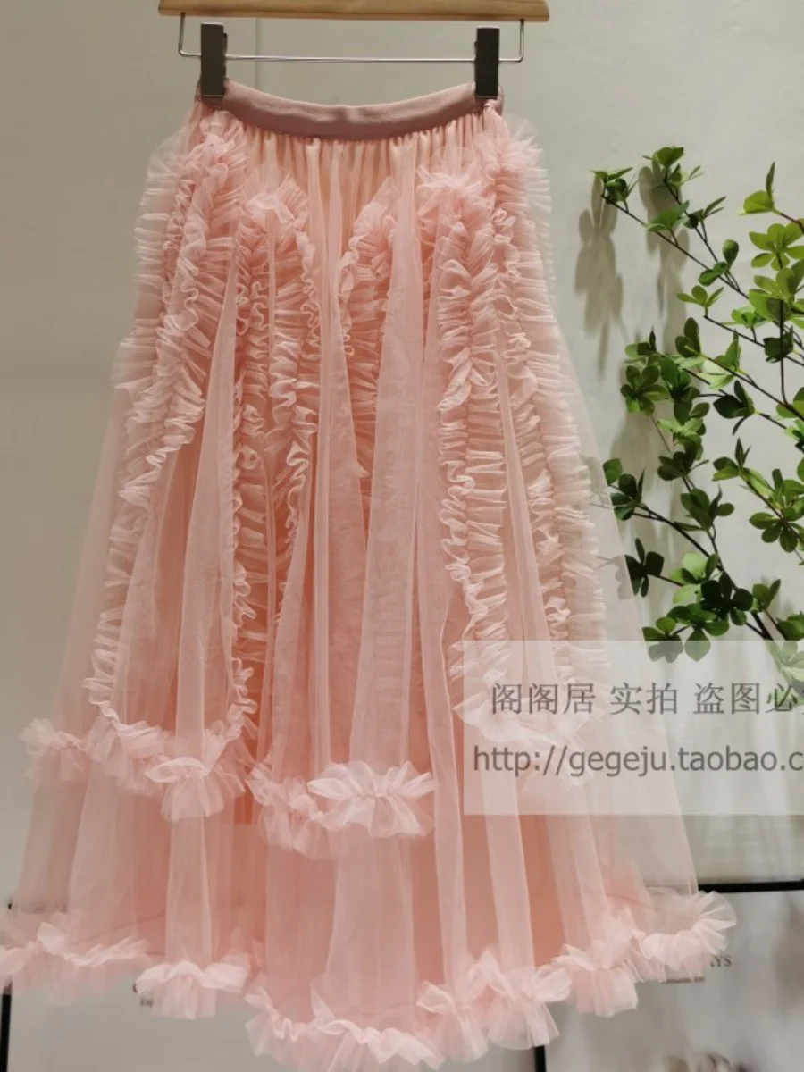 Waist Korean Elastic Sweet Girl Wooden Ear Stitching Pink Gauzy Women Fairy Mesh Puffy Skirt 2023 Summer New Faldas Mujer