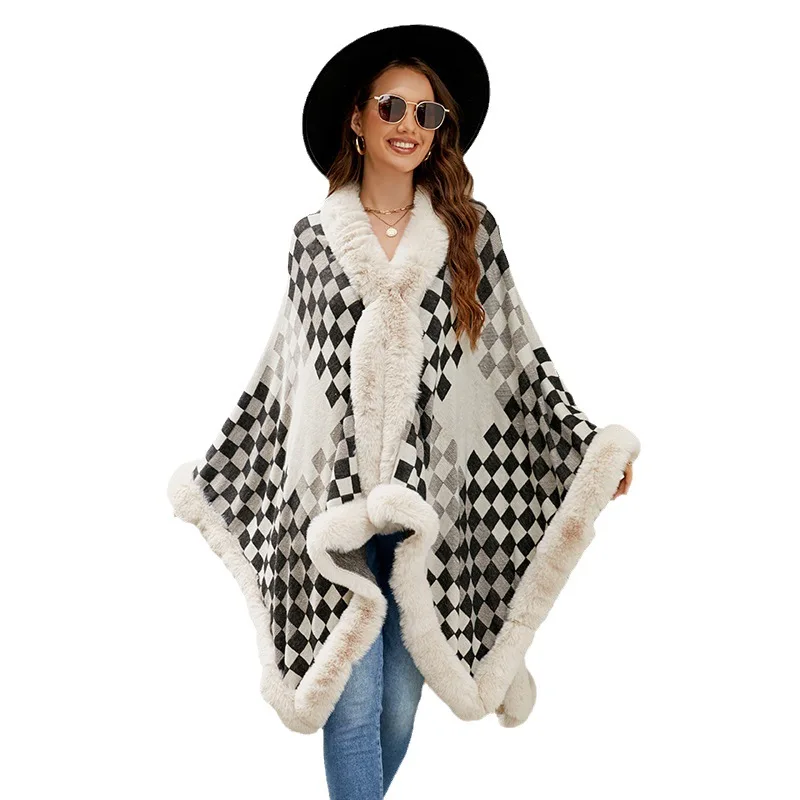 

Winter Thick Faux Rabbit Fur Collar Outside Plaid Cloak Women Warm Long Poncho Cappa Big Pendulum Loose Shawl Overcoat