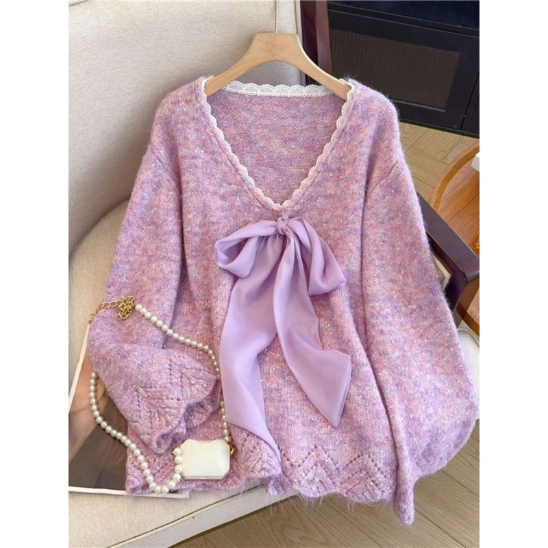 

Pullovers Fashion Korean Version Bow V-neck Soft Waxy Purple Knitted Sweater Women's Fall Large Size Fat Mm Temperament Slim Top