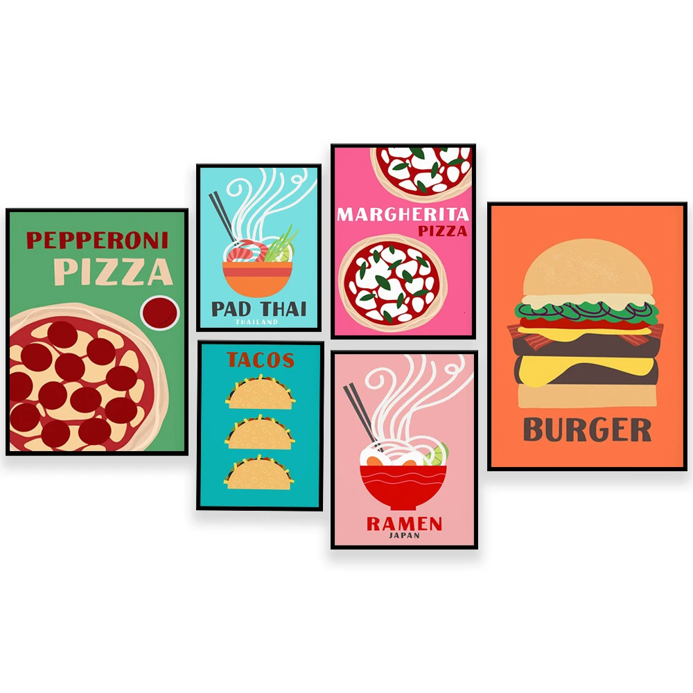 Food Poster, Preppy Room Decor, Burger Pizza Taco Ramen Pasta, Minimalist Art Deco, Retro Pop Art Bright Funny Food Print