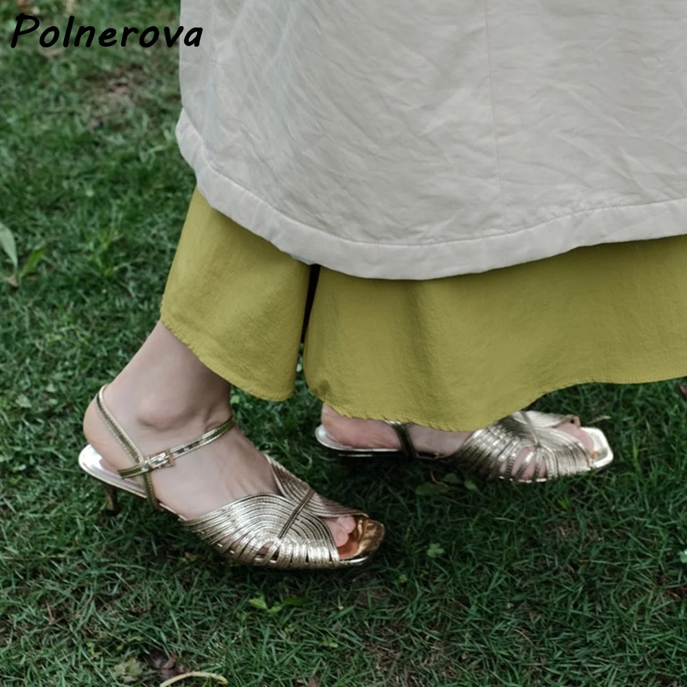 Women's Gold Slingback Sandals Open Toe Kitten Heel Ankle Strap Beach Vacation Summer Shoes Roman Style Narrow Band Hollow Shoes