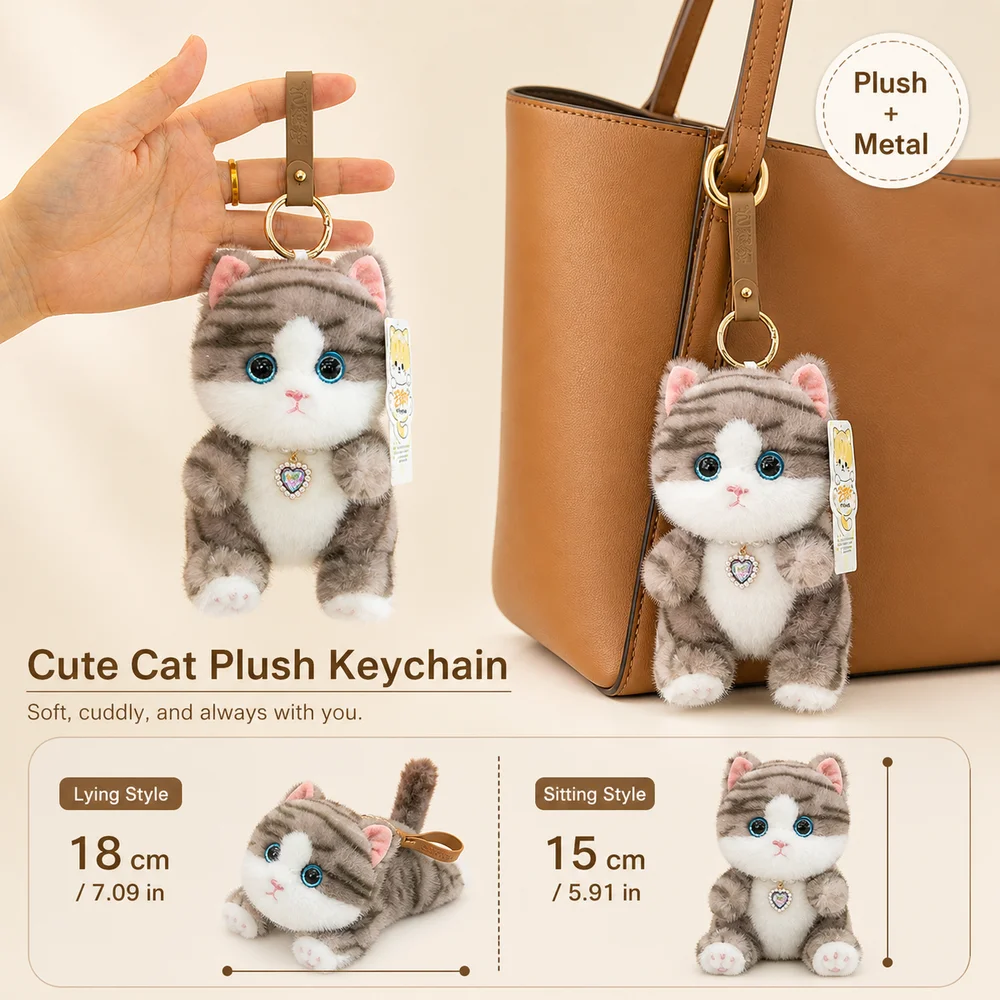 Gifts Realistic Kitten Shape Cat Keychain Sitting Cat Lying Cat Keychain Cute Furry HandBag Pendant Backpack Accessories