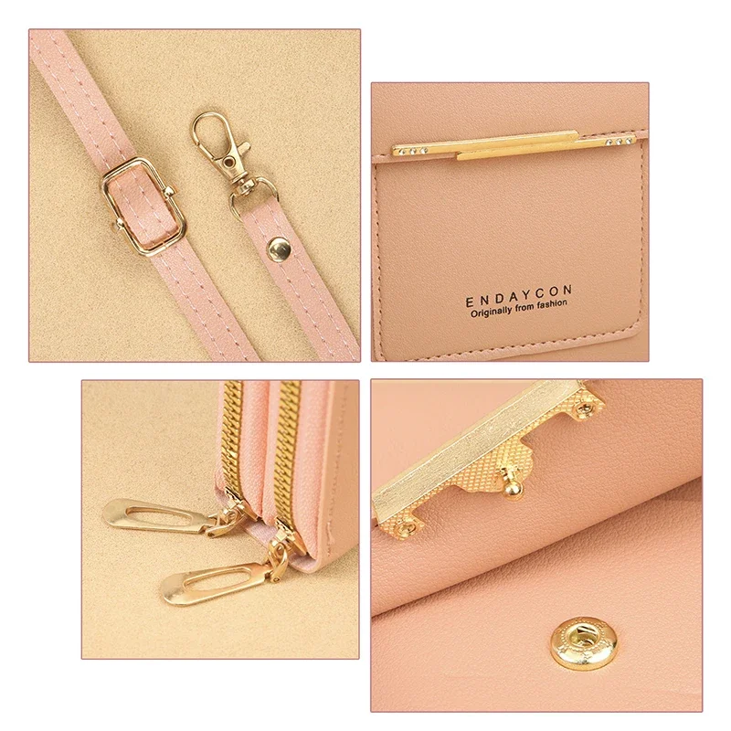 Mini Crossbody Bag for Women\'s Key Credit Card Mobile Phone Storage Bag with Touchable Film Cute Solid Color PU Multiple Pockets