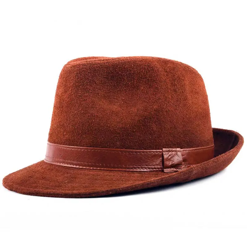 Male Genuine Leather Formal Hat Jazz Gentleman Cow Skin Suede Short Brim Brown Fedora Top Hat Fedora Hat Men Men Dress Hats