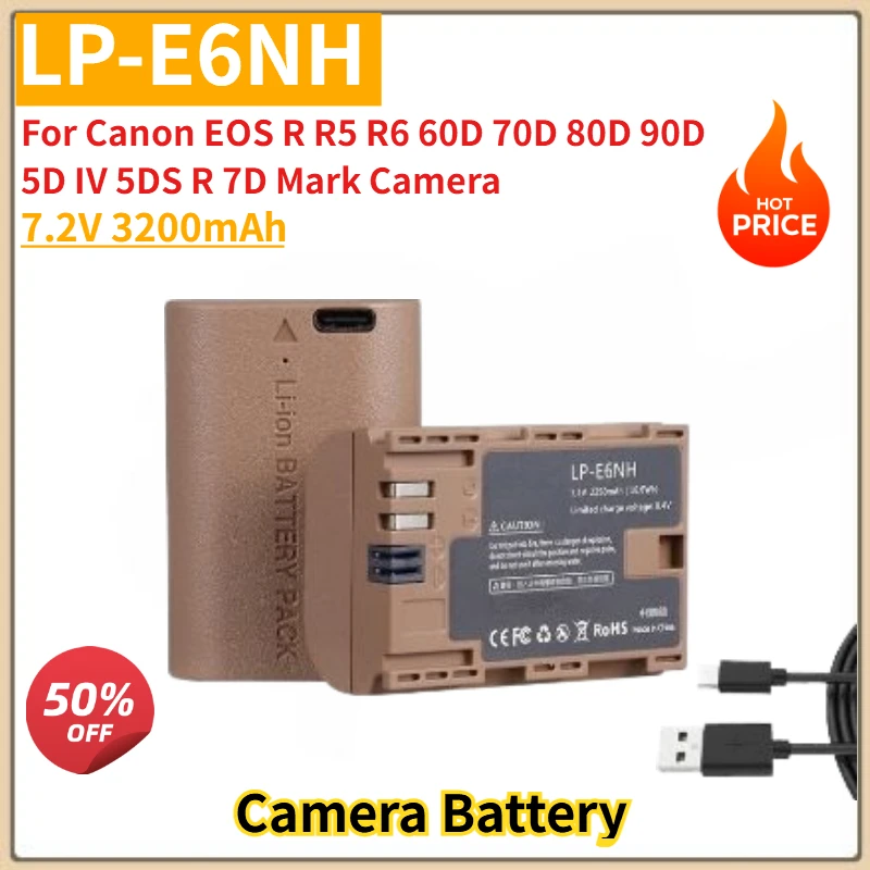 

High Quality LP-E6NH Battery 7.2V 3200mAh Type-C direct charging For Canon EOS 60D 70D 80D 90D R R5 R6 5D IV 5DS 7D Mark Camera