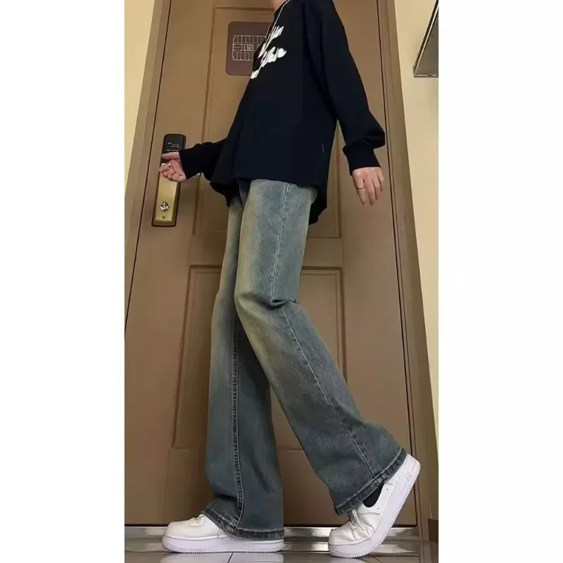 

Retro Blue Jeans for Men, Summer Tall, Slightly Flared Pants with A Drooping Feel, Straight-leg Yellow Mud American-style Pants