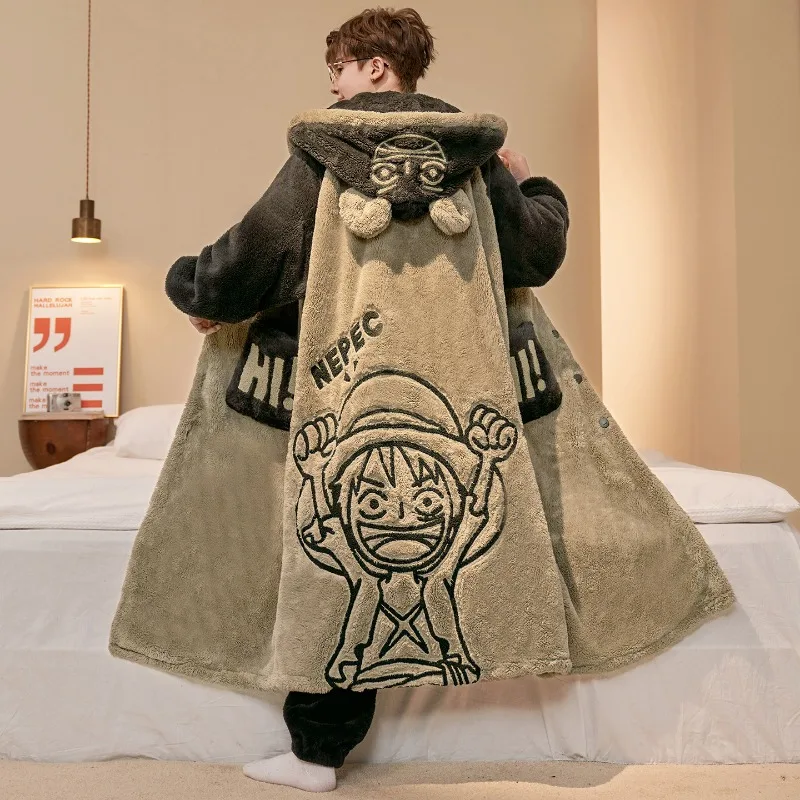 Albornoz de una pieza Luffy de Anime para hombre, bata gruesa de lana Coral de invierno, albornoz + Pantalones, conjunto de pijamas de dibujos animados para el hogar