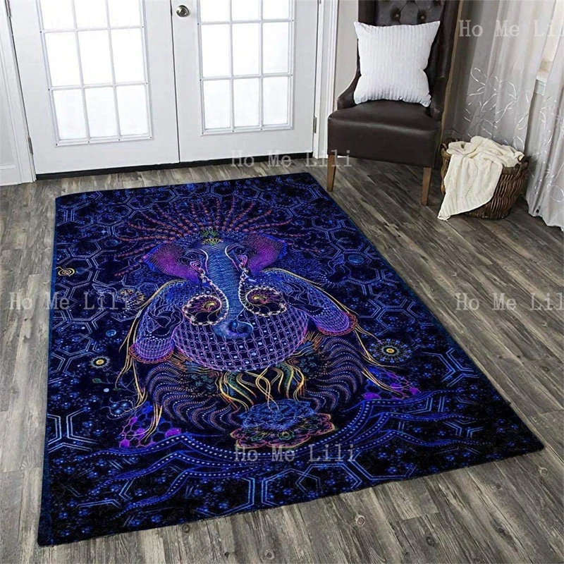 Trippy Psytrance Visuals Buddhism Elephant God Psychedelic Light Painting Lord Ganesh Hinduism Flannel Floor Rugs Home Decor