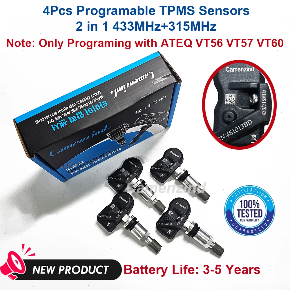 

4Pcs Programable TPMS Sensors 2 in 1 433MHz + 315MHz Support Activation & Programming Tool ATEQ VT56 VT57 VT60 only