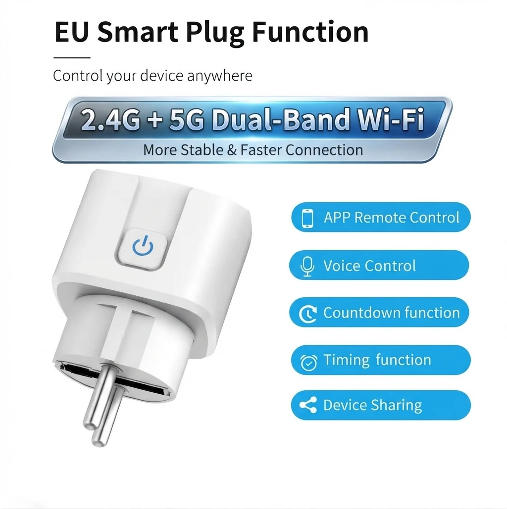 Tuya WiFi Dual-Band 2.4G&5G 16A Smart Socket EU Plug with Timer Smart Life Control Works with Alexa Google Home Voice Control