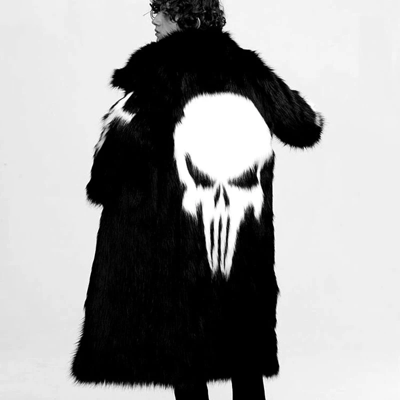 PFHQ Men\'s Men\'s Long Faux Fur Coat Windbreakers Personality Skull Pattern Plush Creativity High Street Autumn Winter 21Z2163