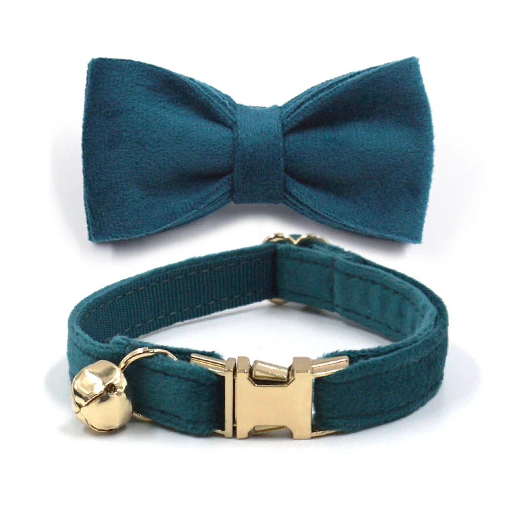 Emerald Green Velvet Cat Collar Personalized Name Luxury Pet Collar for Cats Small Dogs with Removable Bow Tie Bell Breakaway