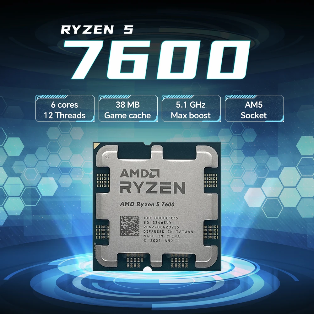 AMD Ryzen 5 7600 6-ядерный 12-поточный процессор DDR5 с разъемом AM4, встроенная графика RDNA2 2CU R5 7600 Новый, но без кулера