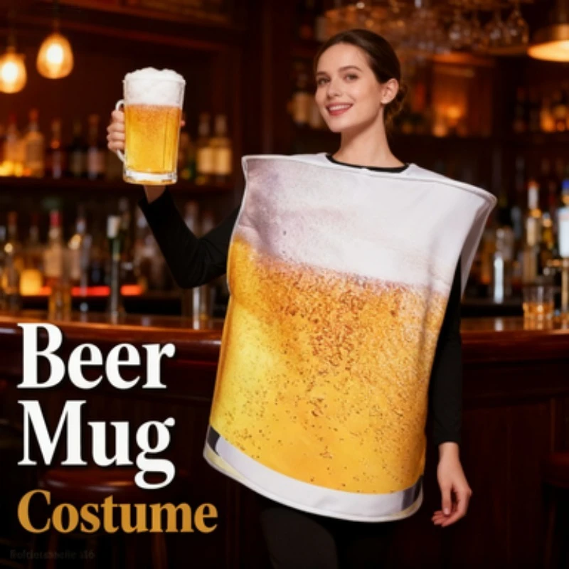 

Забавный желтый комбинезон с пивной кружкой: костюм для косплея на Хэллоуин