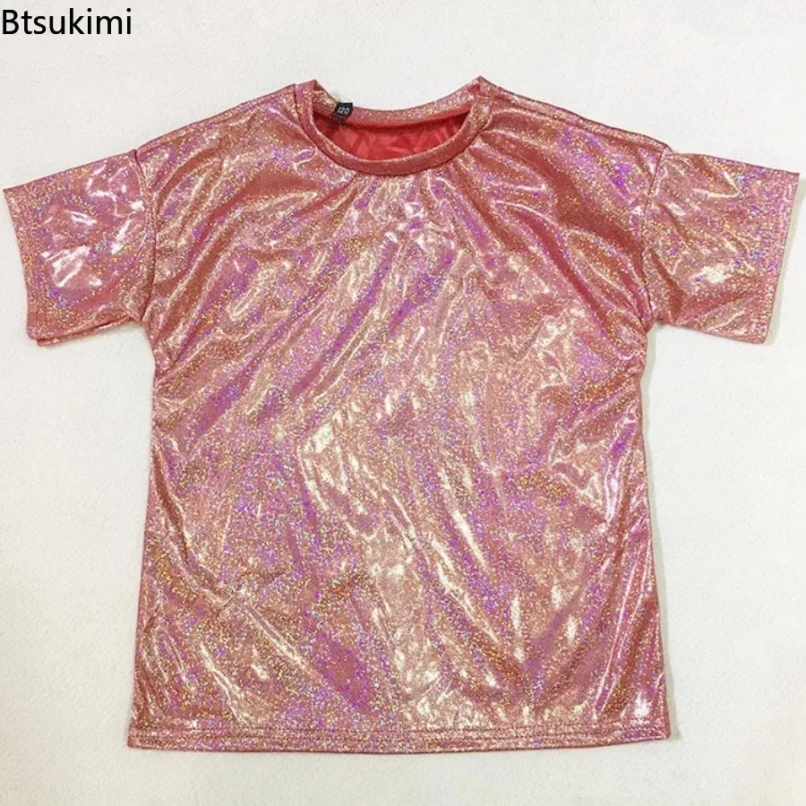 Kids Metallic Shiny T-Shirt Boys Girls Jazz Hip Hop Modern Dance Tops Short Sleeves Loose Tee for Festival Party Disco Costume