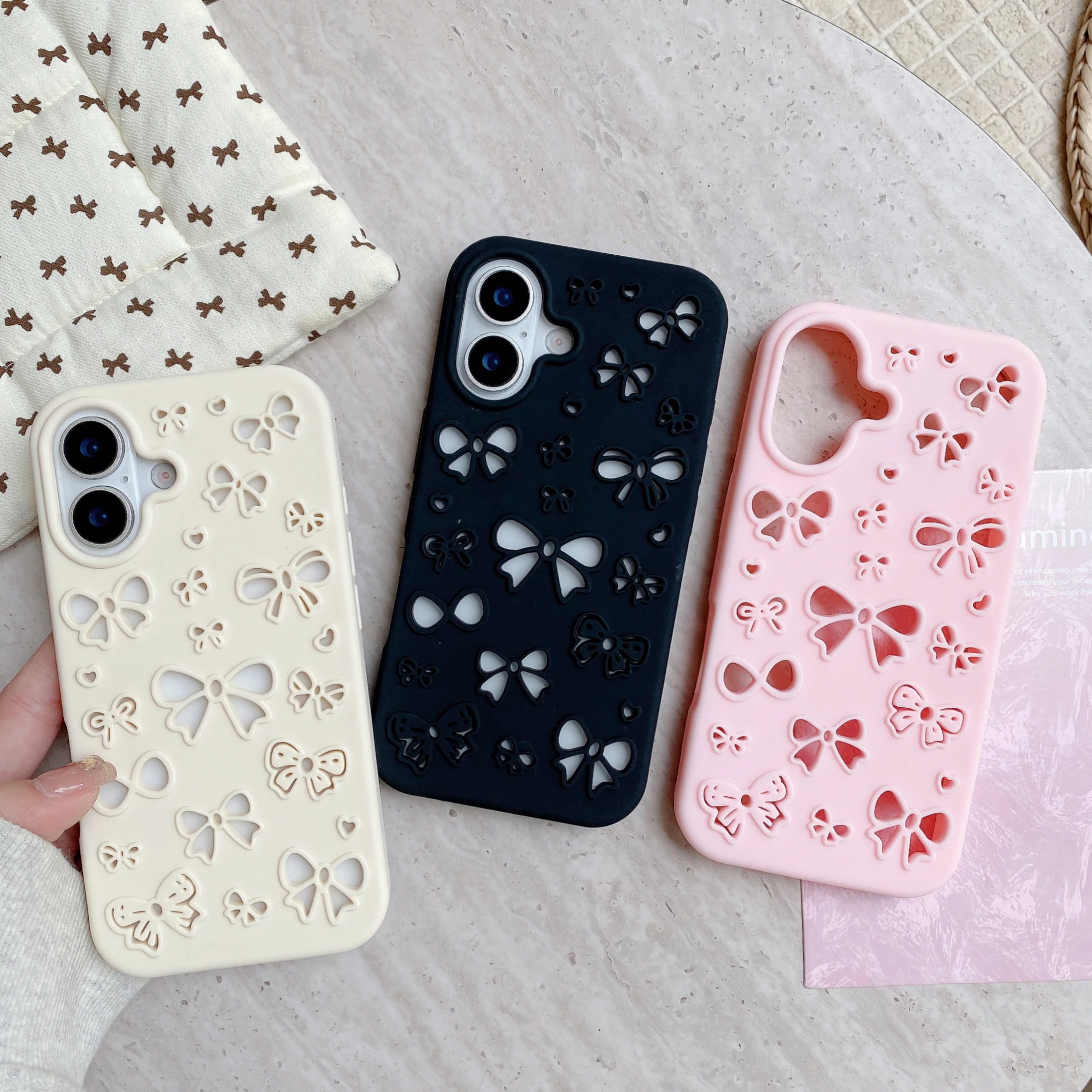 

Korean Fashion 3D Cute Bowknot Soft Silicone Case for iPhone 12 13 14 15 15Promax,16 16 Pro Max Protective Phone Back Cover Skin