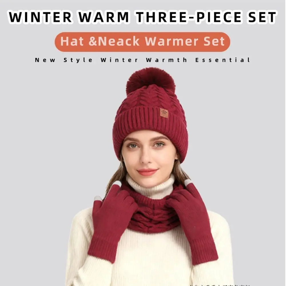 Thickened Women Hat Scarf Gloves Set Beanie Hat Thermal Winter Knit Gloves Set Solid Color Neck Protection Pompom Beanies Hat