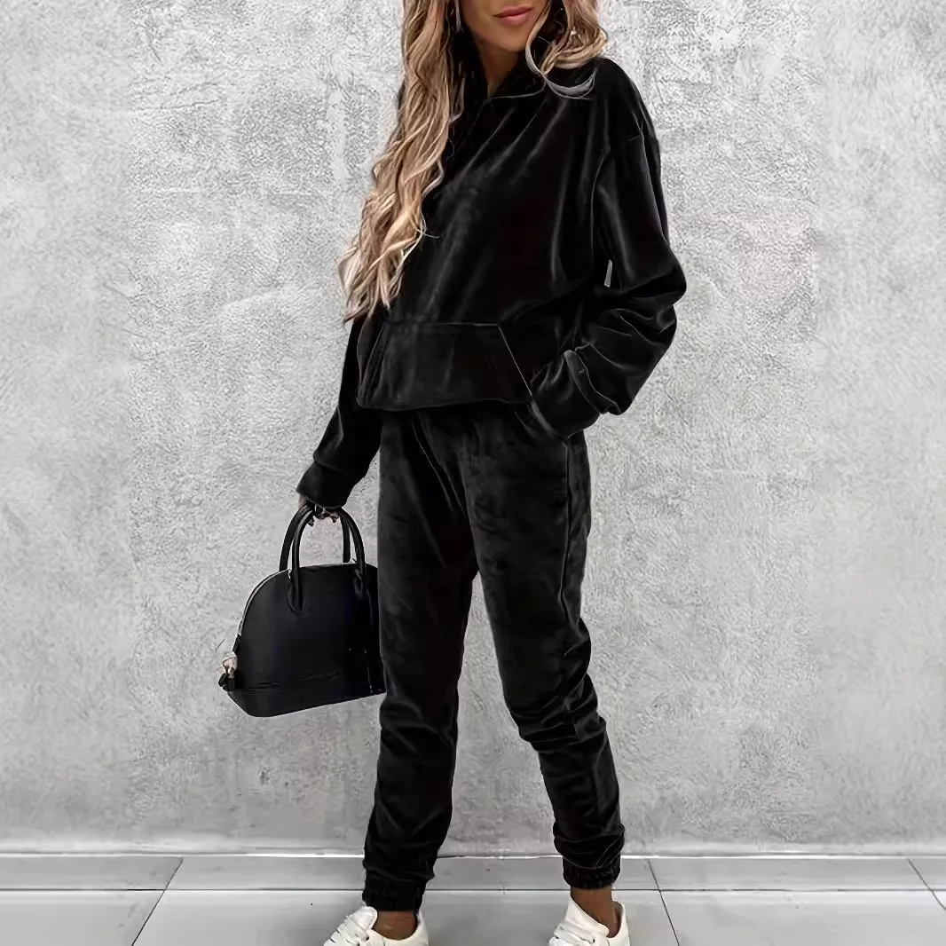 女性スポーツスーツフード付きスウェットシャツパンツ 2 ピースセットポケットパーカートップズボン衣装スポーツウェア秋冬トラックスーツ