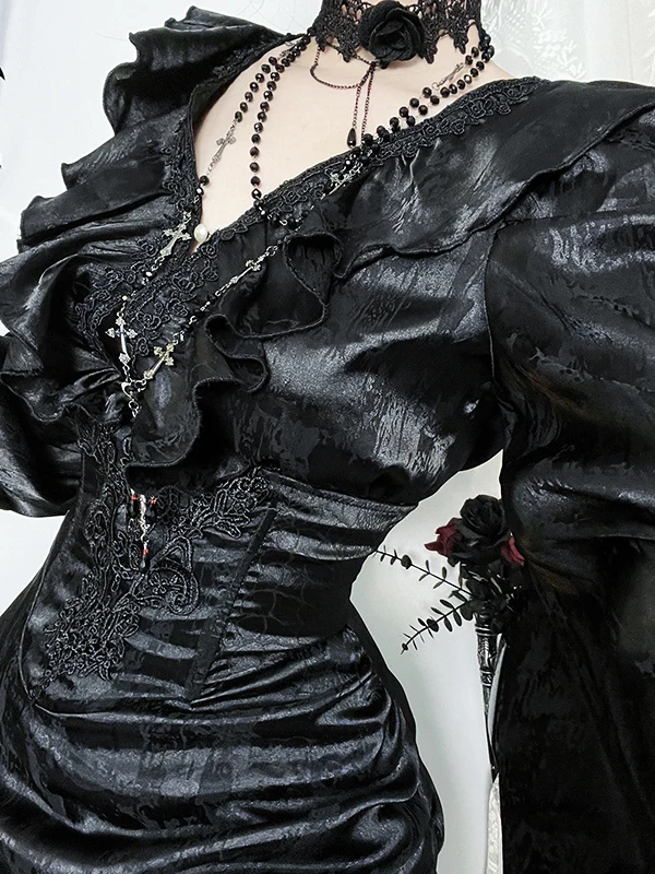 고딕 스타일 롱 스커트 여성용 브이넥 드레스 할로윈 코스프레 라이트 서브컬쳐 드레스 불규칙한 밑단 박쥐 소매 폴리에스터...