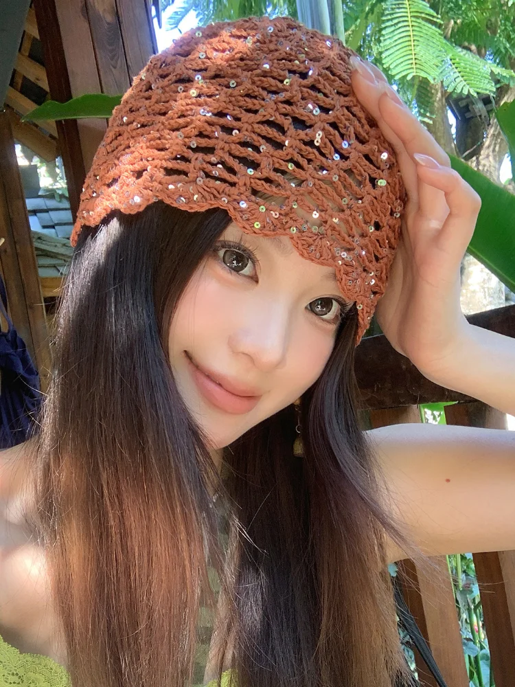 Women's Crochet Knit Beanie Hat, Hollow Out Sequined Mesh Skull Cap, Handmade Boho Summer Cool Hat for Beach Travel Vacation