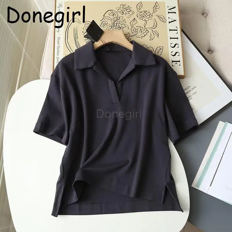 

Donegirl 2023 New Women Summer Short Sleeve Solid Lapel Polo T-shirt Dresses Simple Female Commute Casual Versatile Tops Tees