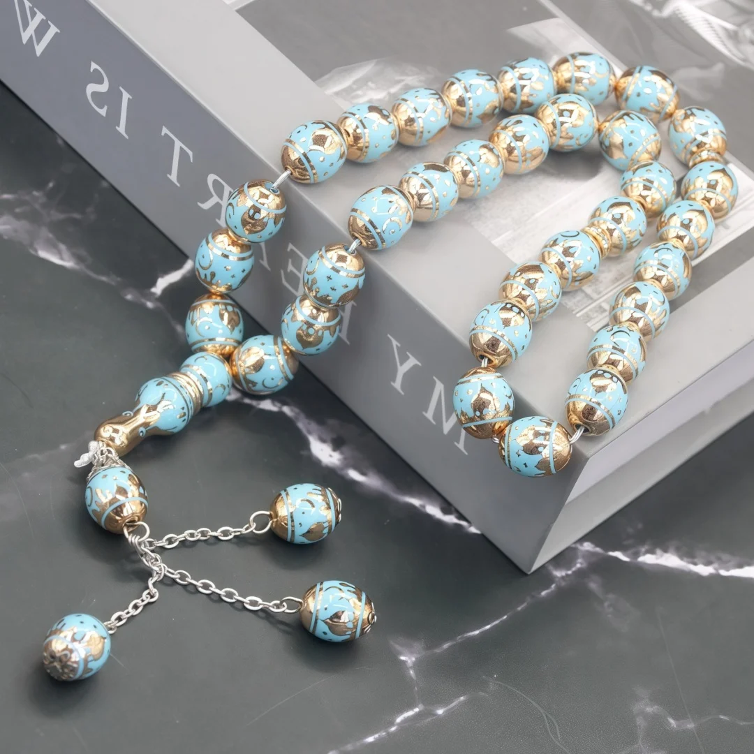 12mm large solid round bead elastic short prayer counting hand mala, 33 beads total, laser engraved mosque pattern on resin