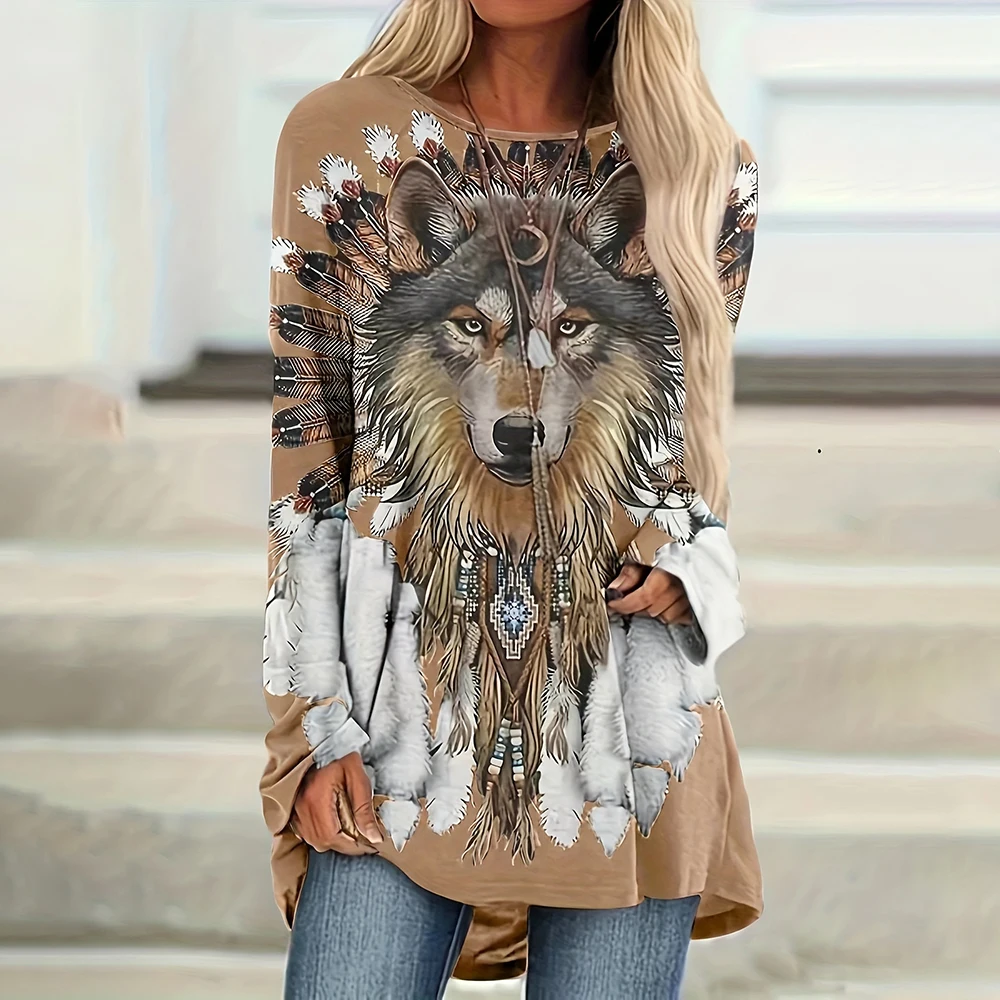 Animal Wolf Print Long Sleeves T shirt Vintage Women\'s T-shirts Tops Fall/Winter Cotton Women Clothing Casual Loose Pullover