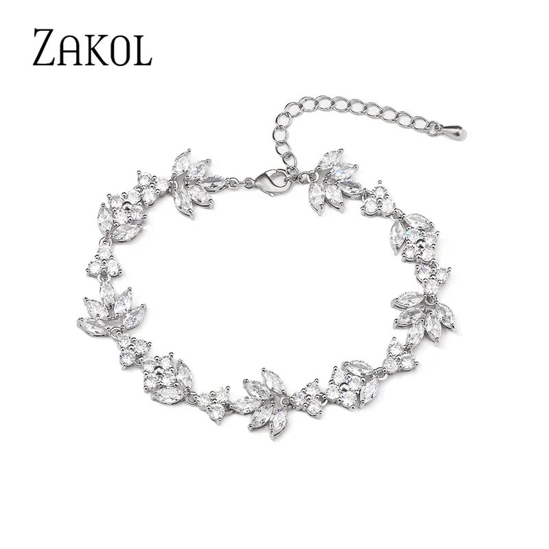 ZAKOL Luxury Water Drop Bracelets for Women Classic Round Cubic Zircon White Gold Color Bangle Flower Wedding Party Jewelry