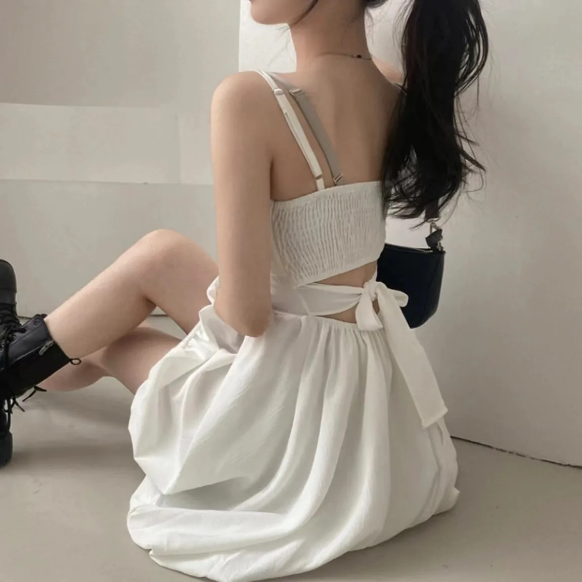 Versatile  Knot Belted Pleated  Flower Bud Strap Dress French Style High Waist Summer Casual X-Shape Silhouette