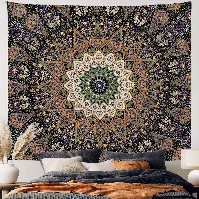 1 pieza de tapicería de manta mandala verde - Diseño psicodélico vibrante indio, arte bohemio retro, tejido de poliéster, perfec