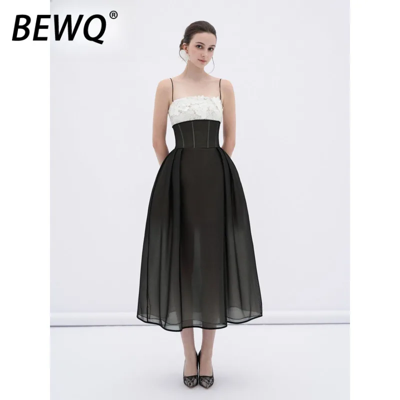 เดรสลื่นทรงหรูหราสำหรับผู้หญิงจาก BEWQ แต่งผ้าปะติดสีตัดกัน ประดับดอกไม้ 3 มิติ ผ้าโปร่งเอวสูง สำหรับงานเลี้ยงตอนเย็น  คอลเลคชั่นใหม่ฤดูใบไม้ร่วง 2025