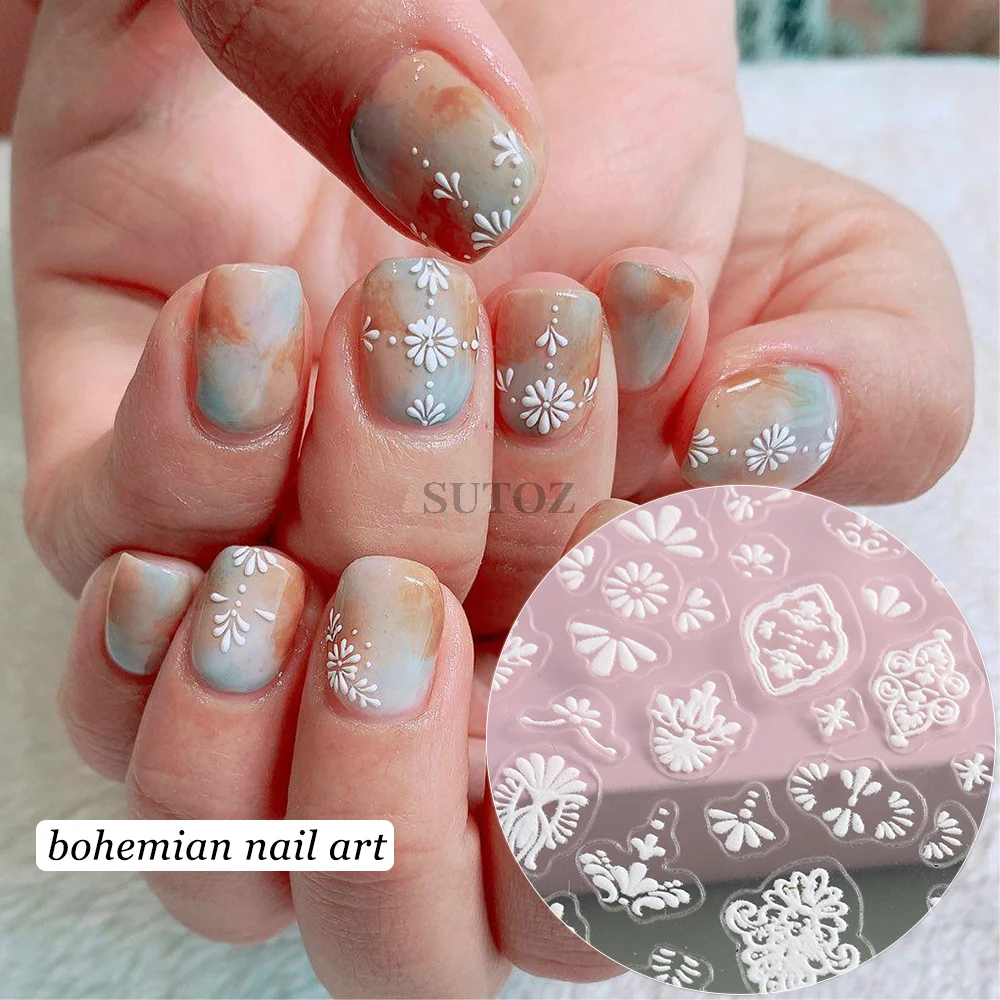 White Lace 5D Nail Stickers Bohemian Mandala Nail Decals Wedding Bride Charms Embossed Flowers Leaf Sliders Manicure Wrap GLMJ